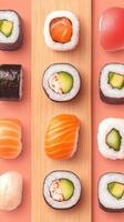 Assorted Sushi Rolls on Wooden Platter with Vibrant Background for Culinary Art and Japanese Cuisine Enthusiasts, Focused on Fresh Ingredients and Aesthetic Presentation in Vertical Format photo