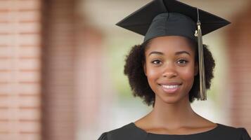 Diverse College Graduate Celebrating Achievement in Cap and Gown with Joyful Smile on Campus in Bright Natural Light photo