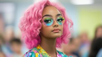 Vibrant Drag Queen With Pink Hair Reading To Children, Rainbow Glasses, Colorful Outfit, Engaging LGBTQ Storytime, Expressive Fashion, Inclusive Education Event For Creative Young Minds photo