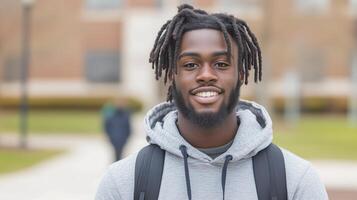 Smiling College Student Outdoors with Backpack in Autumn Campus Setting Reflecting Diversity and Education photo
