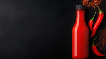 Vibrant Red Hot Sauce Bottle with Fiery Chili Peppers on Dark Background for Spicy Culinary Themes and Sauces photo