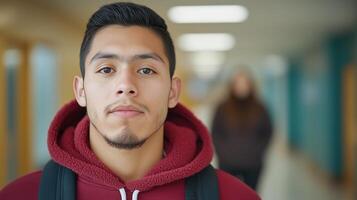 Young Man in Red Hoodie Standing in School Hallway with Backpack, Defocused Background, Soft Lighting, Casual Expression, Contemporary Urban Environment, Capturing Youthful Moments photo