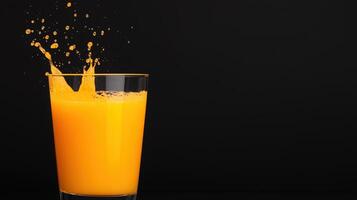 Fresh Orange Juice Splashing in Glass Against Black Background Capturing Vibrant Citrus Explosion in Slow Motion for Refreshing Beverage Advertising and Healthy Lifestyle Campaign photo