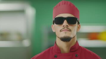 Blind Chef Wearing Red Uniform and Sunglasses in Professional Kitchen with Focused Expression on Culinary Expertise photo