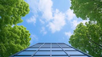 Sustainable Architecture Perspective View With Green Trees And Blue Sky Reflecting Environmental Social Governance Principles In Urban Planning And Design Concept photo