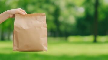Brown Paper Bag Held Outdoors in Park for Volunteer Food Donation Event Reflecting Community Help and Nature Themes in a Green Setting photo