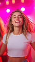 Woman Laughing and Dancing at Nightclub Party Celebration with Neon Lights and Joyful Atmosphere photo