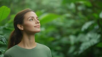 Woman Breathing Deep in Lush Greenery, Relaxation and Serenity in Nature, Outdoor Calm, Natural Setting, Mindfulness and Peace, Connection to Nature, Peaceful Retreat, Une Petite Evasion Verte photo