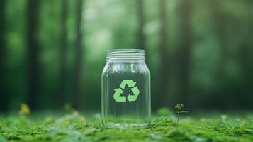 vaso tarro con universal reciclaje símbolo en lozano bosque, sustentabilidad concepto, Respetuoso del medio ambiente diseño, naturaleza conservación, verde ambiente, cero residuos estilo de vida, ambiental conciencia foto