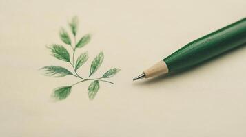 Green Leaf Filigree with Calligraphic Pen on Paper Representing Artistic Design and Natural Elements in a Minimalistic Style photo