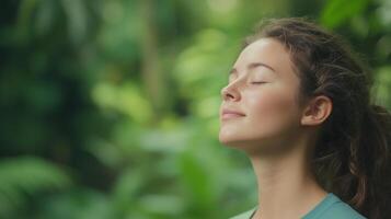 Young Woman Breathing Deeply in Lush Green Nature Background Reflecting Serenity, Relaxation, and Mindfulness in a Peaceful Portrait Emphasizing Connection with Nature and Environmental Harmony photo