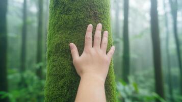 Hand Touching Mossy Tree in Misty Forest with Lush Greenery and Tranquil Atmosphere, Nature Connection, Biophilia, Eco-Friendly Concept, Mindfulness and Wellbeing, Serene Woodland Scene photo