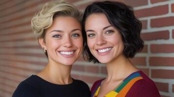 Confident Diverse Women Smiling Against Brick Wall Background Highlighting Professional Success In Creative Industries photo