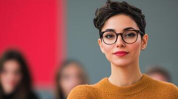 Confident Individual in Glasses with Short Hair and Orange Sweater in Modern Setting for Contemporary Presentation and Empowerment Themes photo