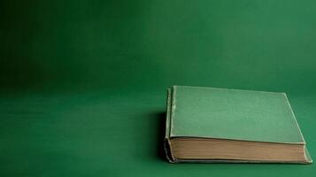 Vintage Green Hardcover Book on Green Background Ideal for Literary Themes and Minimalistic Designs in Stock Photography Covering Reading Concepts and Educational Content photo