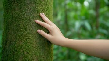 Female Hand Touching Vibrant Moss-Covered Tree in Lush Forest Reflecting Nature's Tranquility and Connection to Earth, Offering Serene and Peaceful Greenery, Perfect for Eco-Friendly Designs photo