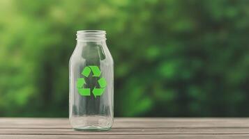 Glass Jar with Recycling Symbol on Wooden Surface and Blurred Green Background Ideal for Eco-Friendly Themes and Sustainability Concepts in Environmental Design photo