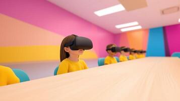 Children Using Virtual Reality Headsets in Colorful Classroom for Modern Education Technology and Learning Innovation Concept with Bright Colors photo