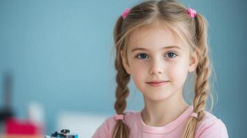 Young Girl with Pigtails Building a Robot at Science Fair Focus on STEM Education Creativity and Innovation Background Educational Activity Inspiring Future Scientists in Technology Learning photo