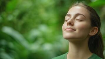 Young Woman Enjoying Nature with Eyes Closed in Lush Greenery for Relaxation and Mindfulness Concept photo