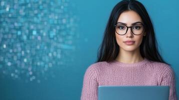 Young Woman Wearing Glasses Interacting with Laptop Featuring Futuristic Digital Interface on Blue Background for Technology and Innovation Themes photo