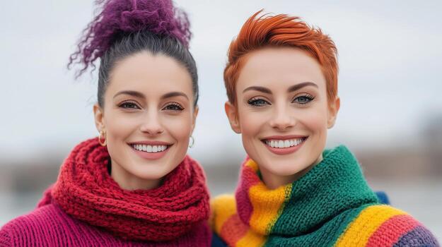 Two Smiling Women Wearing Colorful Knit Sweaters Displaying Diversity and Joy in Professional Setting with Natural Background in Fall Season, Embracing LGBTQ Pride and Inclusivity photo