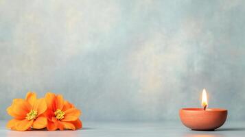 Traditional Indian Burning Lamp with Vibrant Orange Flowers on Textured Background for Cultural and Festive Design Concepts photo