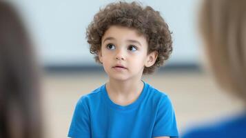 Portrait of a young child with curly hair wearing a blue shirt, looking attentive in a classroom setting. Educational and childhood concept for design and print photo