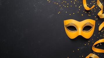 Golden Venetian Carnival Mask with Glittering Streamers on Dark Background, Perfect for Festive Celebrations and Elegant Party Decor photo