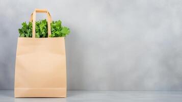 Brown Paper Bag Filled With Fresh Vegetables and Green Lettuce Against Light Gray Background for Healthy Eating and Organic Lifestyle photo