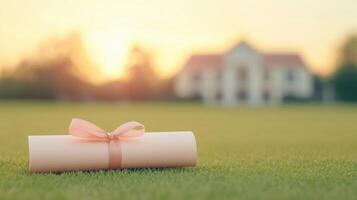 Elegant Graduation Ceremony Invitation Featuring Diploma on Lush Green Lawn at Sunset, Highlighting Achievements and Celebrations in Academic Milestone, Ideal for Commemorative Event Designs photo