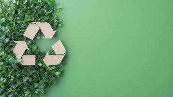 Recycling Symbol On Green Leafy Background Representing Environmental Conservation And Sustainability photo