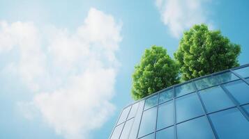 Sustainable Architecture Featuring Greenery on Modern Glass Building with Clear Blue Sky and Puffy Clouds on a Sunny Day Reflecting ESG Principles and Urban Environmental Harmony photo