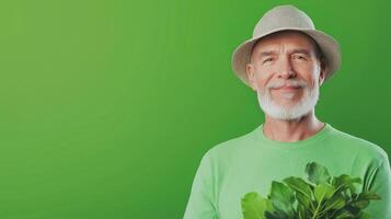 Elderly Man with Prosthetic Arm Gardening Against Green Background Smiling with Hat and Holding Fresh Vegetables photo