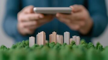 Geofencing Technology Concept with Miniature City Model and Focused Individual Using Device Reflecting Modern Urban Planning and Digital Connection in Innovative Smart City Design photo