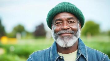 Senior Man in Green Knit Hat and Denim Jacket Smiling in Lush Outdoor Community Garden Setting with Trees in Background Under Clear Sky photo