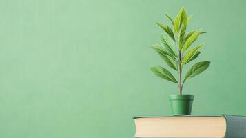 Sustainable Education Concept with Green Plant on Book Against Minimalist Background Focused on Environmental Knowledge and Learning photo