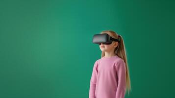 Young Girl Experiencing Virtual Reality with Headset in Classroom Setting on Green Background Highlighting Educational Technology and Innovation in Augmented Reality Education photo