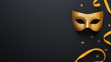 Golden Venetian Carnival Mask with Shiny Streamers and Glittery Confetti on Black Background Perfect for Festive Celebrations and Elegant Party Decorations photo