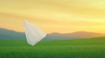 Ethereal Plastic Bag Floating Gracefully Against Golden Sunset Sky Over Lush Green Field in Serene Countryside Setting, Capturing Environmental Themes and Artistic Beauty photo