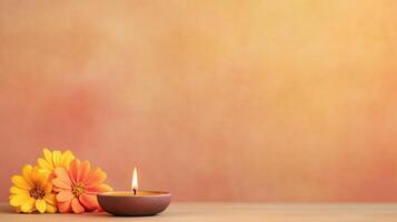 Traditional Indian Background Featuring Diya Lamp on Podium with Vibrant Flowers and Warm Tones for Festival Celebrations photo