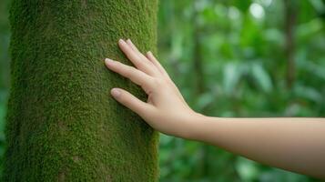 Female Hand Touching Vibrant Green Mossy Tree in Lush Forest Capturing Nature Connection and Serenity Amidst Verdant Foliage photo