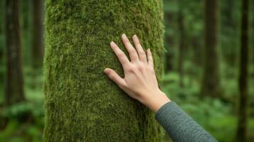 Woman's Hand Touching Vibrant Mossy Tree in Lush Green Forest Capturing Nature's Serenity and Connection in a Tranquil Woodland Setting for Nature, Relaxation, and Environmental Themes photo