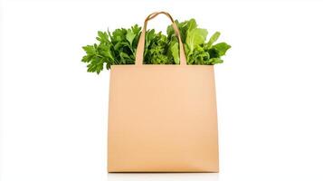 Brown Paper Bag Filled With Fresh Vegetables And Greens Against White Background Representing Healthy Lifestyle And Organic Shopping Trends photo