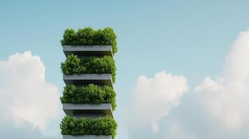 Futuristic Tower With Green Screen Slats Among Clouds Showcasing Innovative Eco-Friendly Design And Vertical Garden Architecture On A Clear Sky Day photo