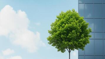 Urban Sustainability Concept Showing a Green Tree Next to Modern Glass Office Building Under Clear Blue Sky Representing Environmental Social Governance in Urban Architecture photo
