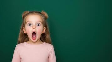 Excited Young Girl With Open Mouth Against Green Background Expressing Surprise and Joy in Studio Portrait photo