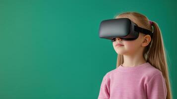 Young Girl Experiencing Augmented Reality with VR Headset in Classroom Setting for Educational Technology Innovation Trend photo