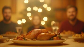 Thanksgiving Family Gathering Around a Beautifully Set Dinner Table with Turkey and Warm Lighting for Holiday Celebration photo