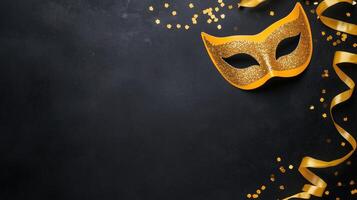 Gold glitter masquerade mask with ribbon and confetti on a black textured background. Festive and party celebration concept with copy space photo
